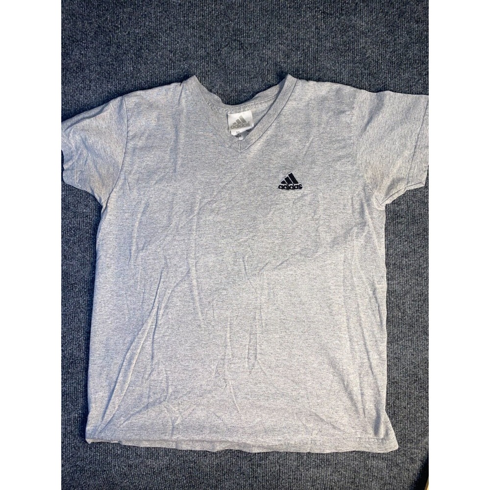 Adidas Tee Shirt Mens Small Gray Solid Loose Fit Rib V Neck Blended Pony Logo